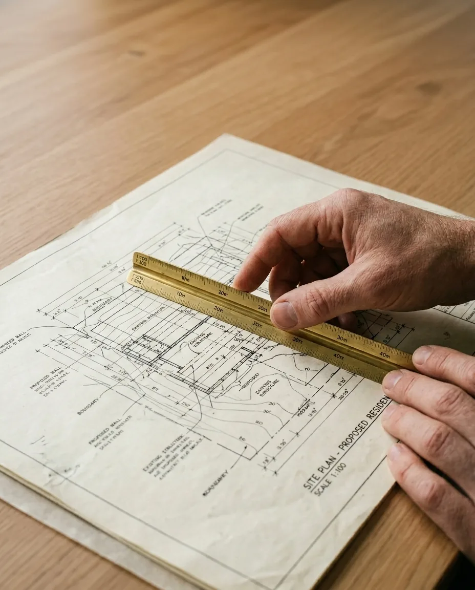 Architect's hands with a brass scale ruler over a site plan