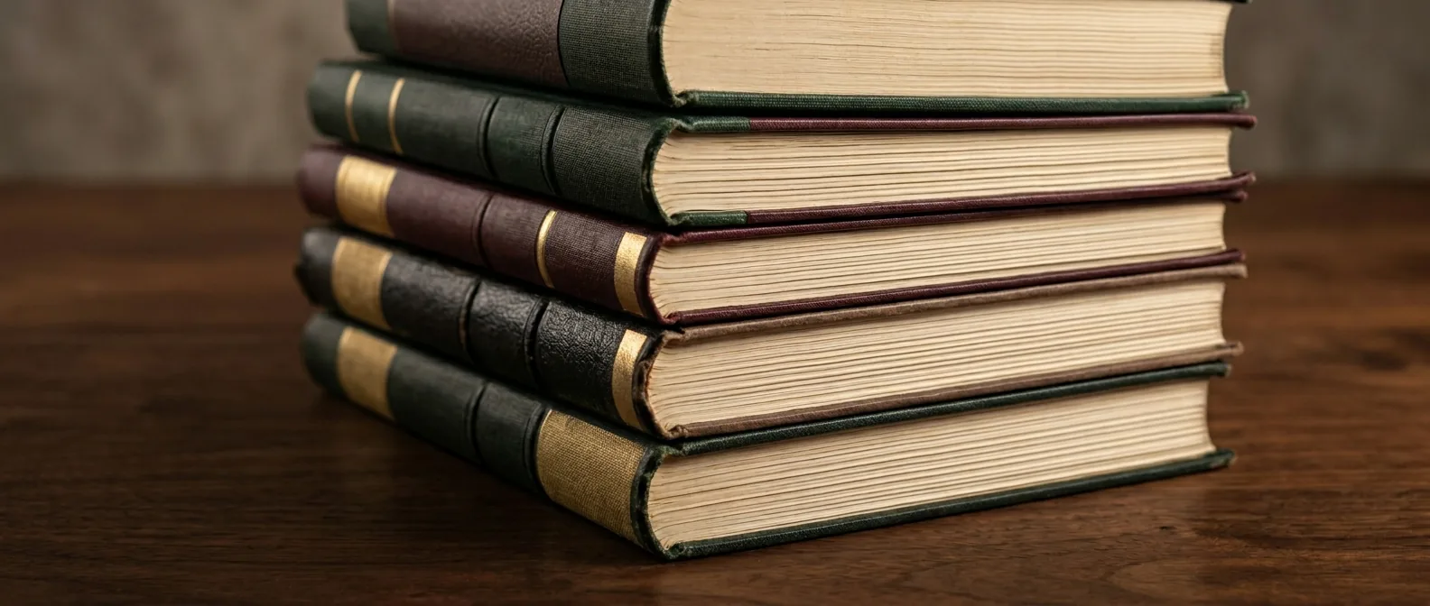 A stack of bound legal volumes on a walnut surface