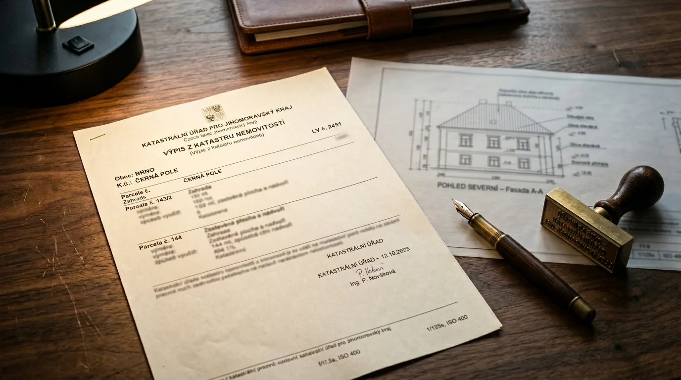 Czech land registry document and cadastral stamp on a walnut desk