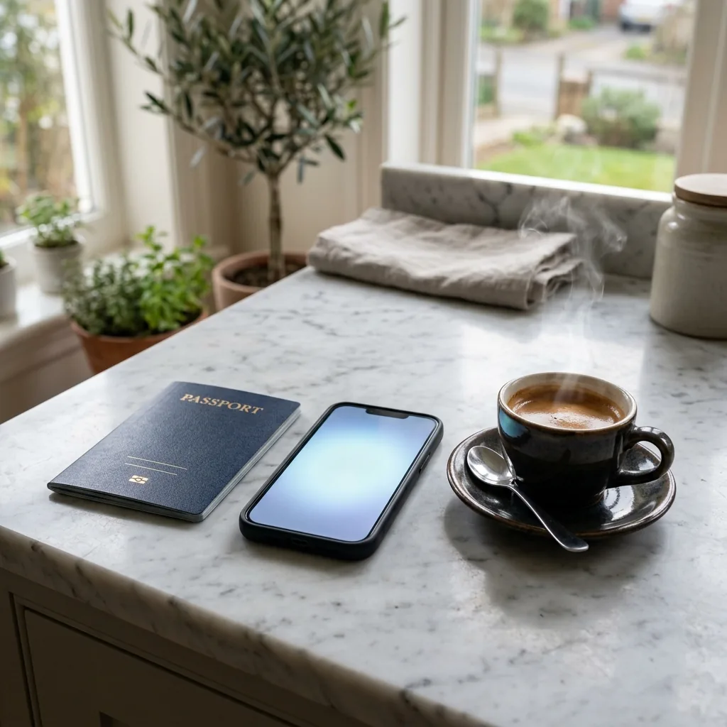 Passport, phone and espresso on a marble counter