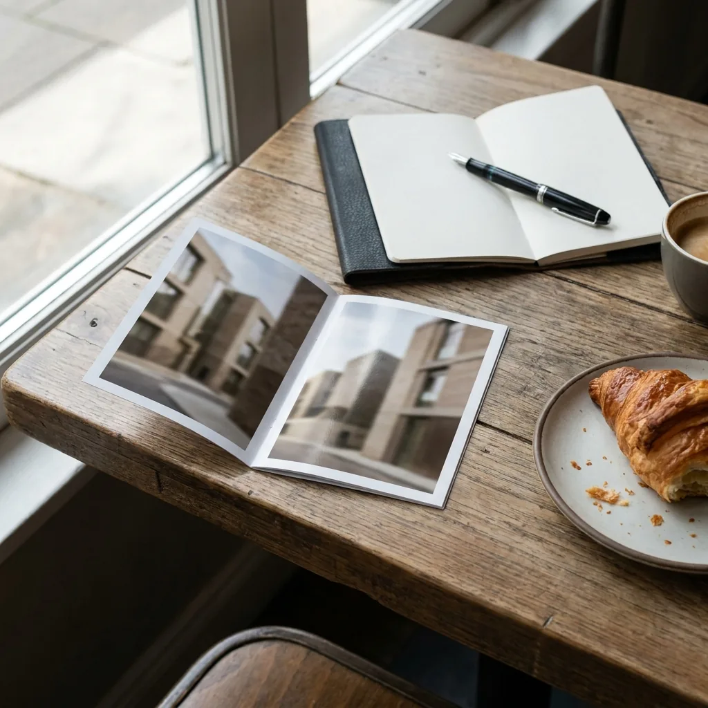 Open property brochure on a café table