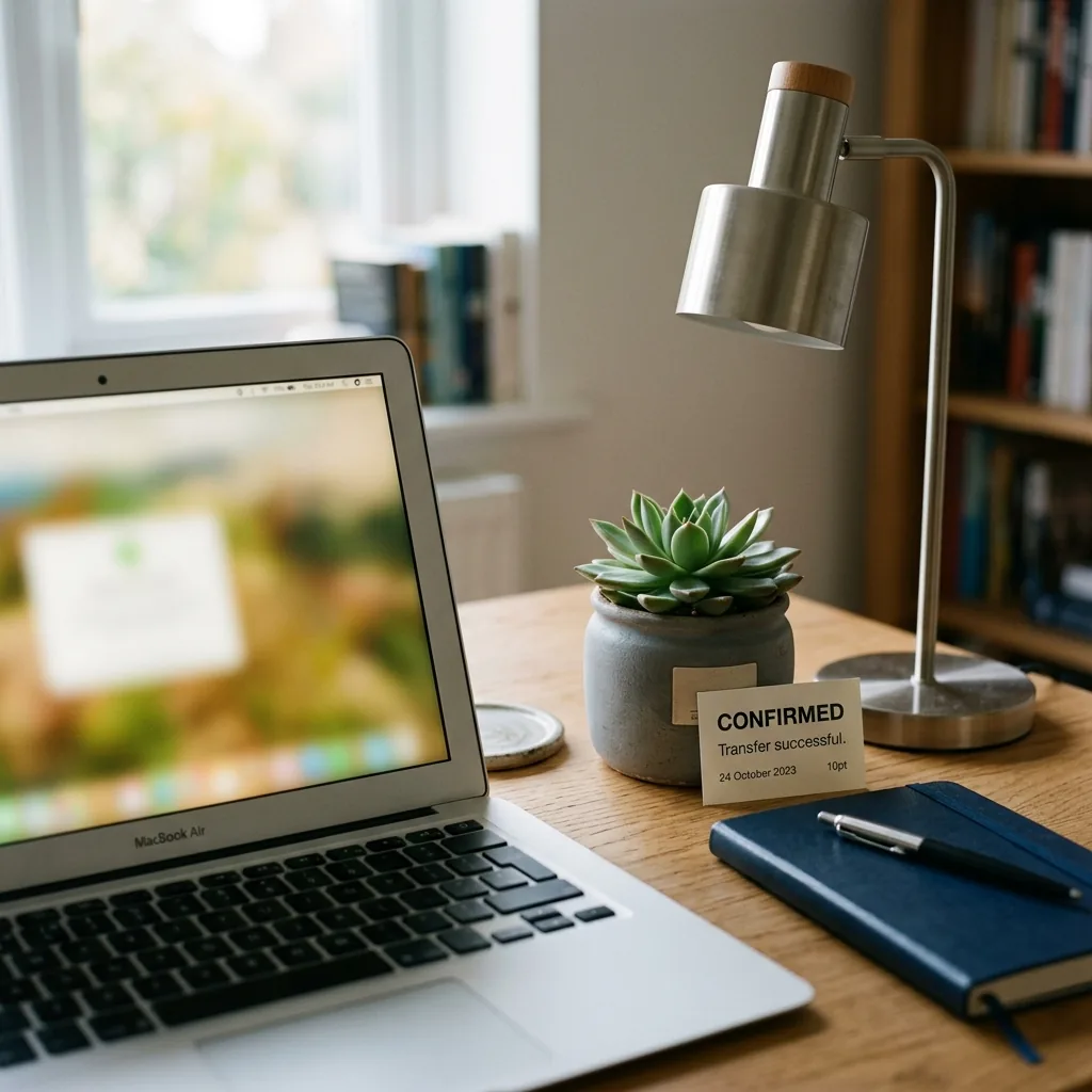 Bank transfer confirmation on a laptop, defocused