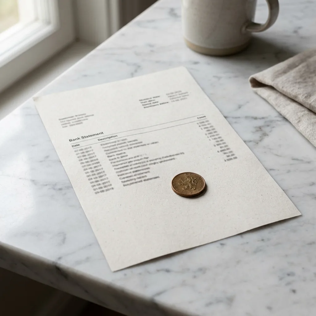 A monthly bank statement and Czech koruna coin on marble