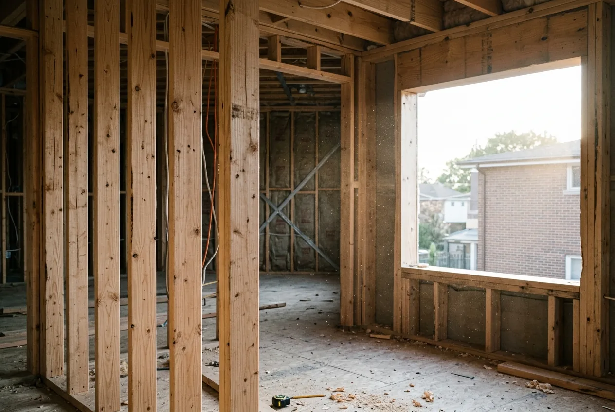 A framed-but-unfinished apartment interior – almost ready